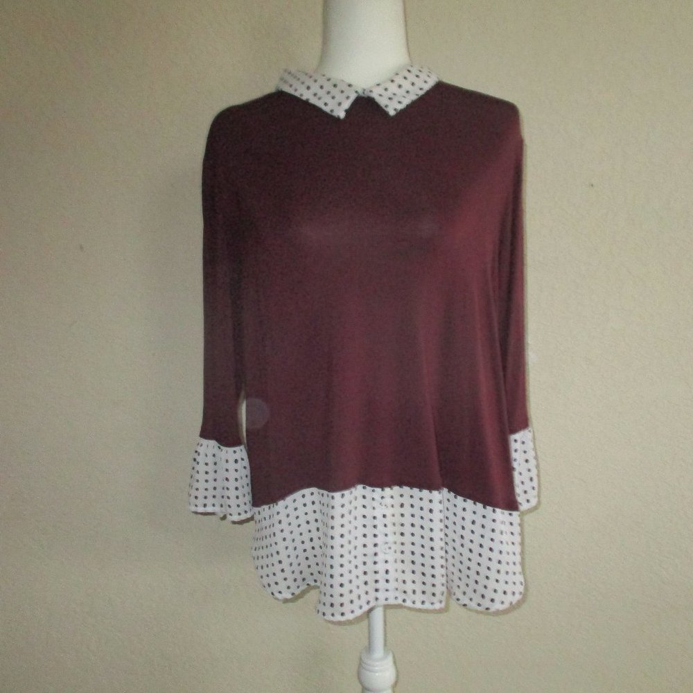 ELLE BLOUSE W/ Sleeve Ruffle, White w/ Black Dots